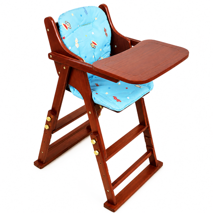 Adjustable Solid Wood Baby High Chair,  Foldable with Safety Harness & Cushion, Reddish Brown