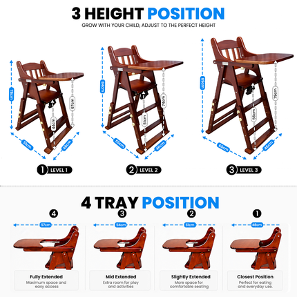 Adjustable Solid Wood Baby High Chair,  Foldable with Safety Harness & Cushion, Reddish Brown