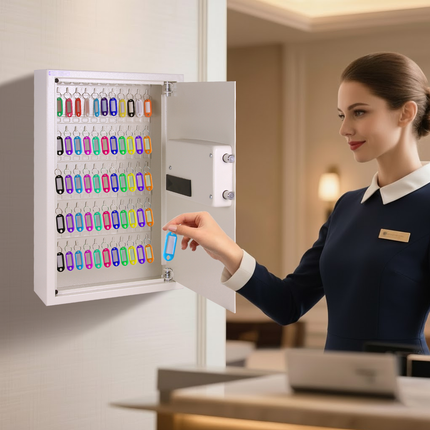 Rubik Digital Key Cabinet (60-Keys Capacity) Electronic Key Storage Wall Safe Lock Box Wall-Mounted RBS60EW White