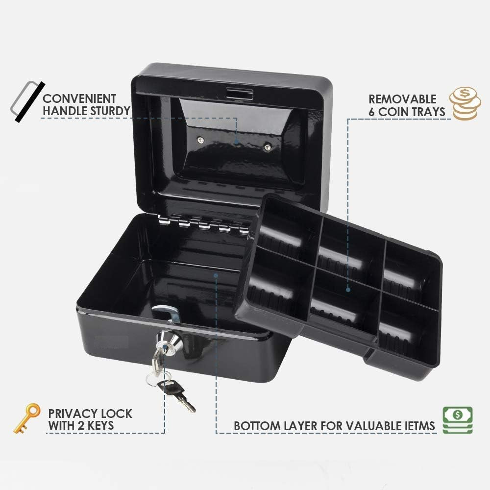 Small Cash Lockbox Small Cash Box with Tray and Lock, Durable Portable Money Safe (15x12x ...