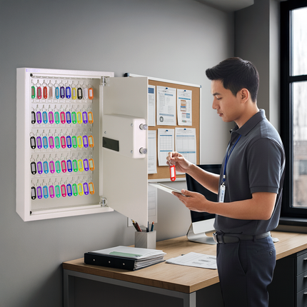 Rubik Digital Key Cabinet (60-Keys Capacity) Electronic Key Storage Wall Safe Lock Box Wall-Mounted RBS60EW White