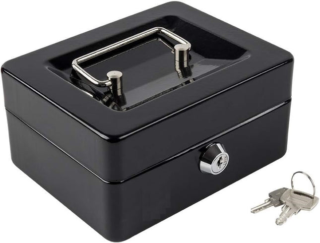 Small Cash Box with Tray and Lock, Durable Portable Money Safe (15x12x7.5cm, Black)