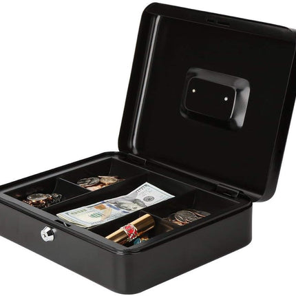 Large Cash Box with Tray and Lock, Durable Portable Money Safe (25x20x9cm, Black)