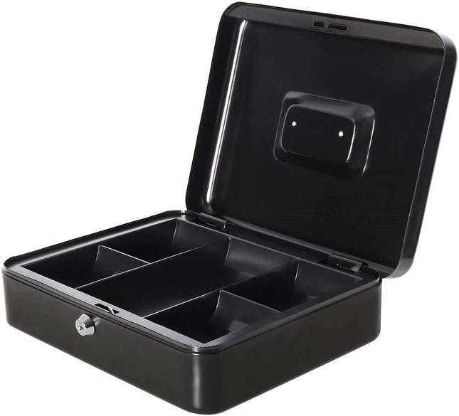 Large Cash Box with Tray and Lock, Durable Portable Money Safe (25x20x9cm, Black)