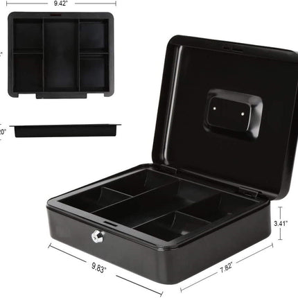 Large Cash Box with Tray and Lock, Durable Portable Money Safe (25x20x9cm, Black)