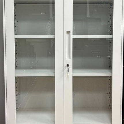Metal File Folder Cabinet Glass Swing Door Office Storage Cupboard Adjustable Shelves Key Lock White
