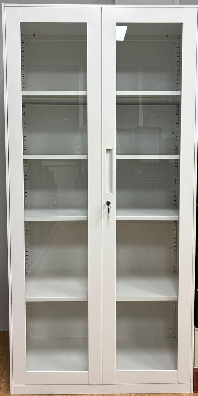 Metal File Folder Cabinet Glass Swing Door Office Storage Cupboard Adjustable Shelves Key Lock White