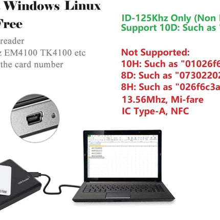 USB RFID Card Reader for ID-125Khz, Desktop Card Reader (Reads First 10 Digits) For EM4100 TK4100 T5200 T5577 Window Linux Systems