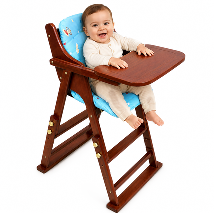 Adjustable Solid Wood Baby High Chair,  Foldable with Safety Harness & Cushion, Reddish Brown