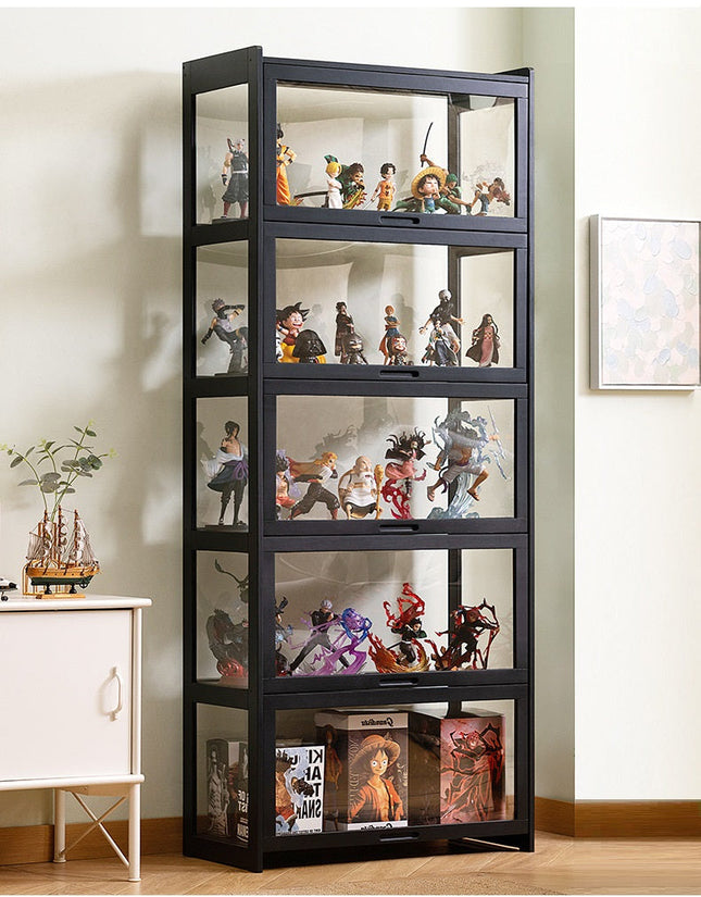 Rubik Display Showcase Cabinet, All Sides Transparent Acrylic, Pull-up Window Doors (Black), Organize and Showcase Your Treasures in Style