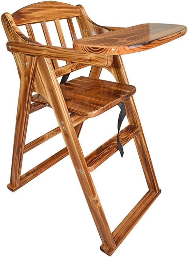 Carbonized Wooden Baby High Chair with Tray, Foldable, Safety Belt and Cushion, Brown