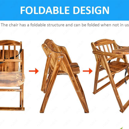 Rubik Wooden High Chair with Tray, Foldable, Safety Belt and Cushion, Brown