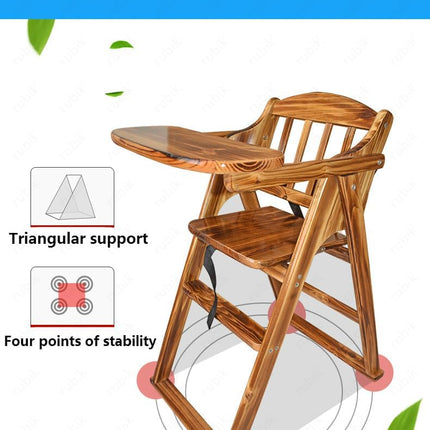 Rubik Wooden High Chair with Tray, Foldable, Safety Belt and Cushion, Brown