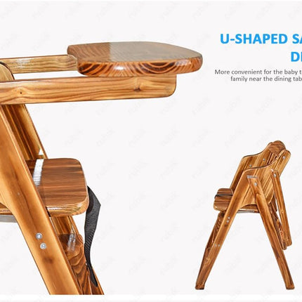 Rubik Wooden High Chair with Tray, Foldable, Safety Belt and Cushion, Brown