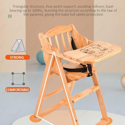 Rubik Wooden High Chair with Tray, Foldable and Safety Belt, Beige