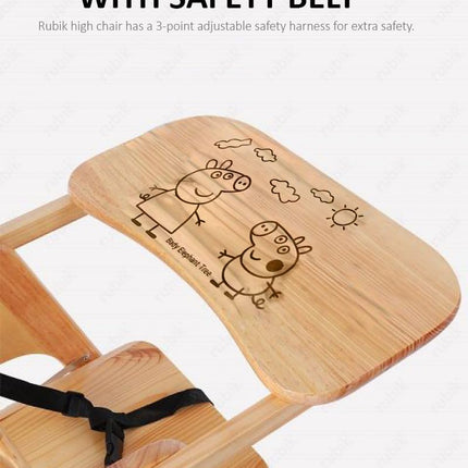 Rubik Wooden High Chair with Tray, Foldable and Safety Belt, Beige