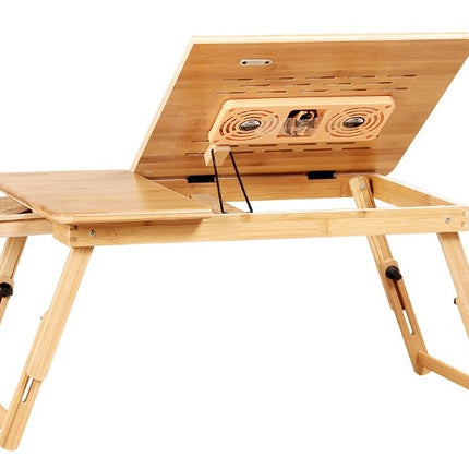 Wooden Foldable Laptop Table with Two USB Cooling Fan and Side Drawer, Adjustable Portable