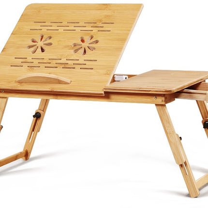 Wooden Foldable Laptop Table with Two USB Cooling Fan and Side Drawer, Adjustable Portable