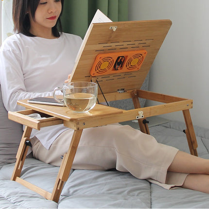 Wooden Foldable Laptop Table with Two USB Cooling Fan and Side Drawer, Adjustable Portable