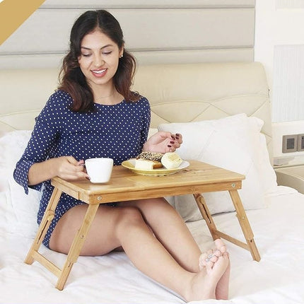 Wooden Foldable Laptop Table with Two USB Cooling Fan and Side Drawer, Adjustable Portable