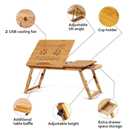 Wooden Foldable Laptop Table with Two USB Cooling Fan and Side Drawer, Adjustable Portable