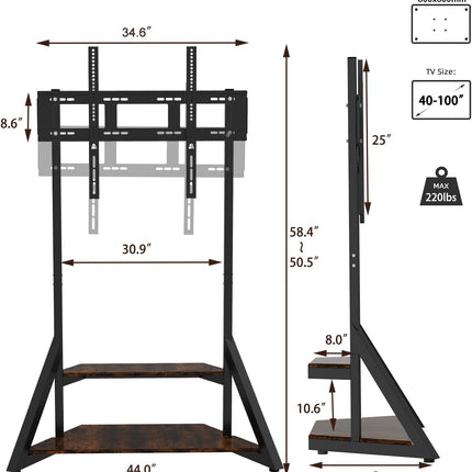 40-100 Inch TV Floor Stand with Shelves For LED TV's, Displays, Smartboards, Interactive Board