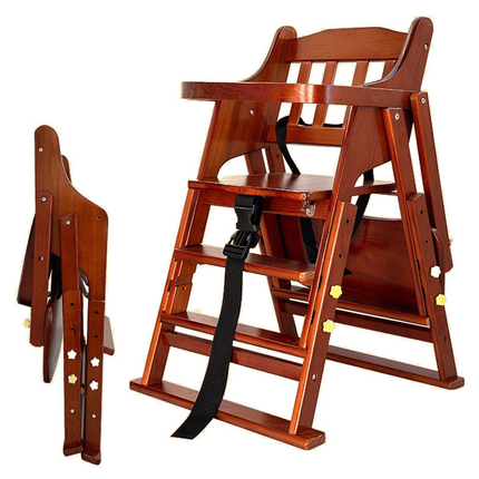 Adjustable Solid Wood Baby High Chair,  Foldable with Safety Harness & Cushion, Reddish Brown