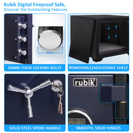 Rubik 2-Hours Fireproof Safe Box 43cm with Digital Lock & Key (RBDF-430, 63kg) Black/Blue