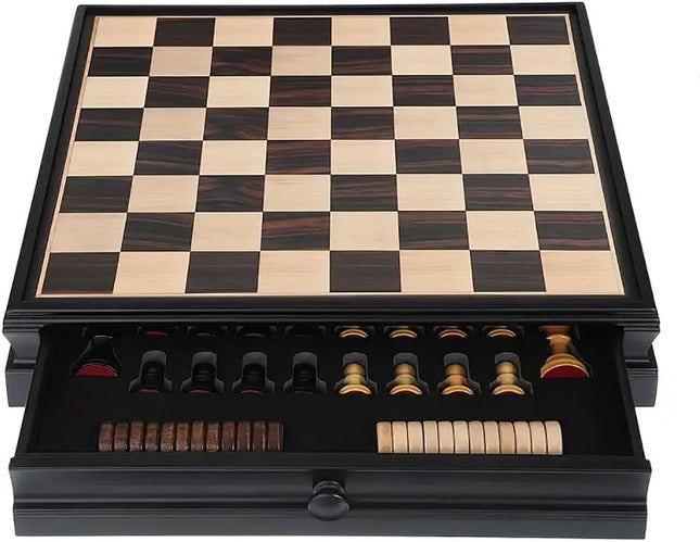 Premium Wooden Chess and Checkers Large 38x38cm, Magnetic Chess Board 2in1 Game Set with Storage Drawer (Black/Brown)