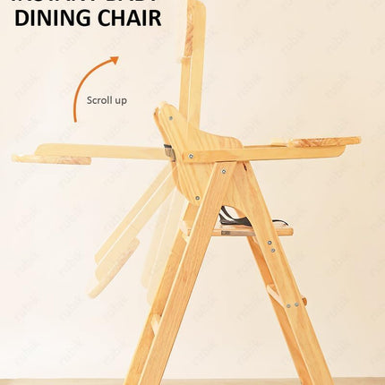 Un-Polished Wooden Baby High Chair with Tray, Foldable With Safety Belt and Cushion