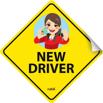 Self Adhesive Lady New Driver Car Sign Sticker, Reflective Removable (Size 12cm x 12cm)