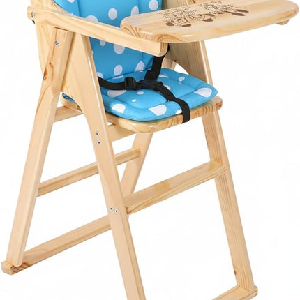 Baby Wooden High Chair with Tray, Foldable and Safety Belt, Beige