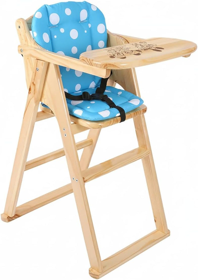 Baby Wooden High Chair with Tray, Foldable and Safety Belt, Beige
