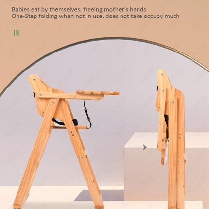 Solid Wood Baby High Chair (Unpolished), Adjustable Foldable with Safety Harness Beige