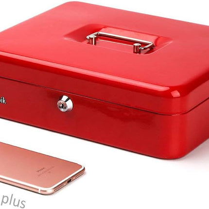Rubik Large Cash Box with Key Lock, Portable Money Box (25x20x9cm) Red
