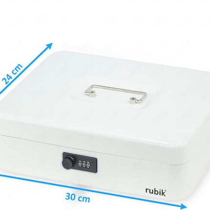 Rubik X-Large Cash Box with Combination Lock, Money Tray & Coin Slot 30x24x9cm White