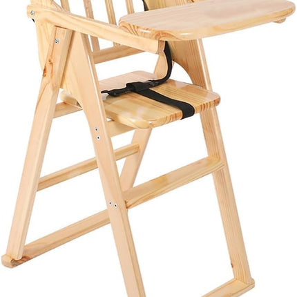 Solid Wood Baby High Chair, Adjustable Foldable with Safety Harness & Cushion, Beige