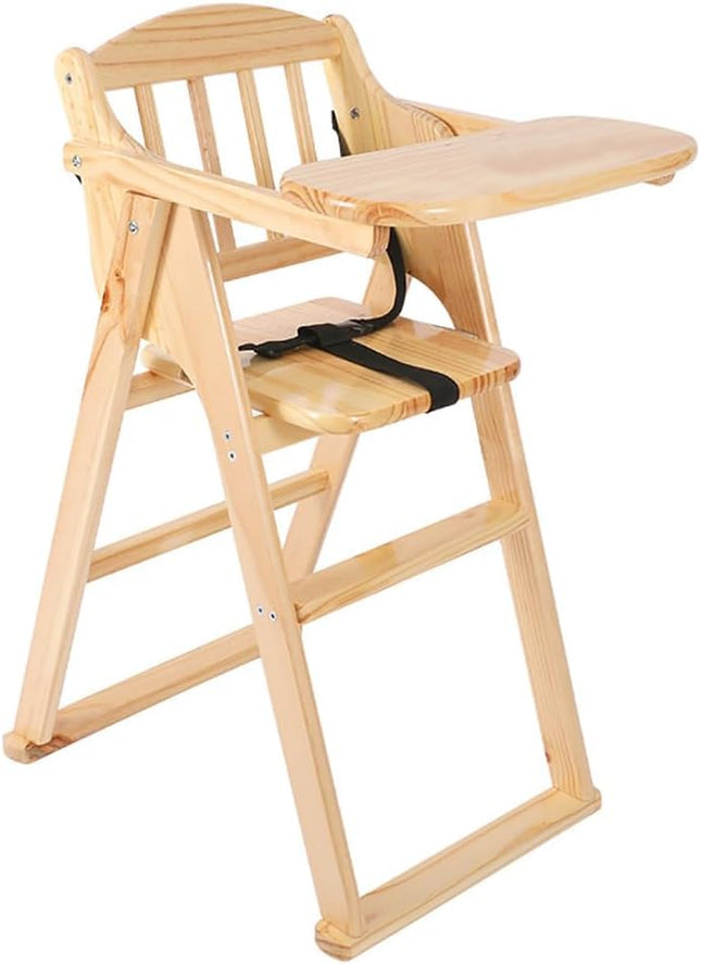 Solid Wood Baby High Chair, Adjustable Foldable with Safety Harness & Cushion, Beige