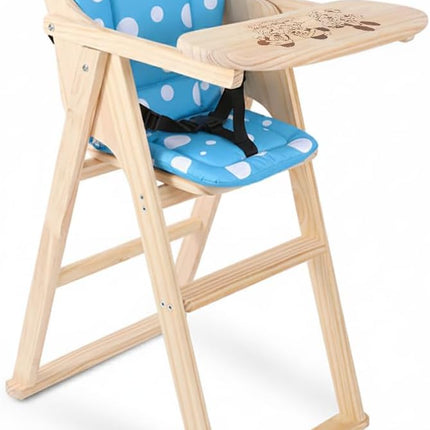 Un-Polished Wooden Baby High Chair with Tray, Foldable With Safety Belt and Cushion