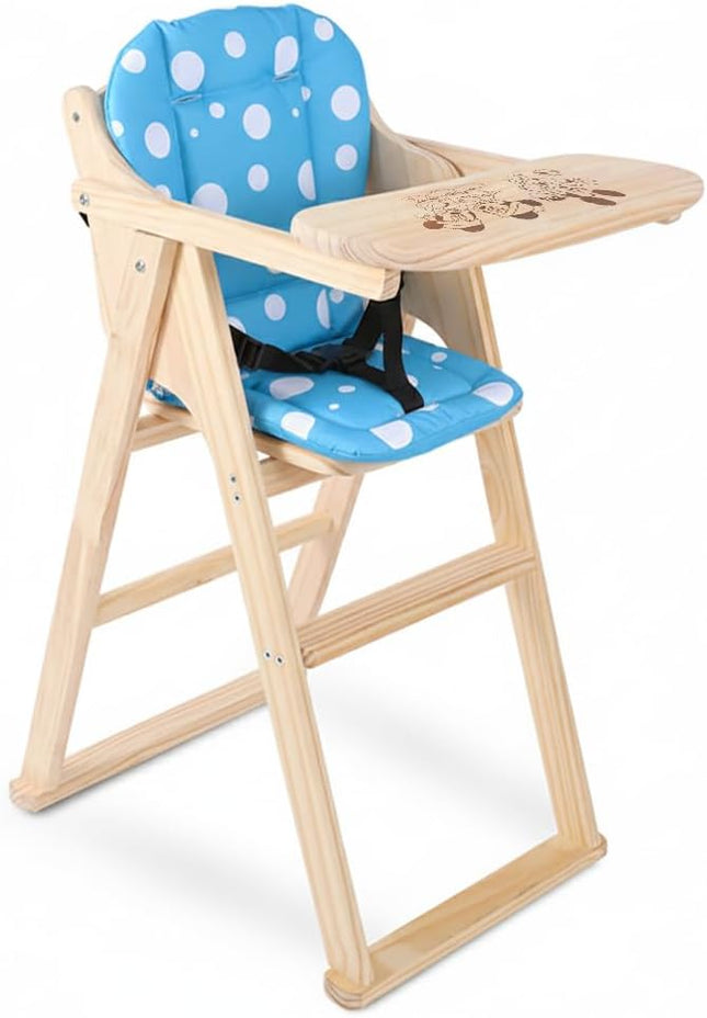 Un-Polished Wooden Baby High Chair with Tray, Foldable With Safety Belt and Cushion