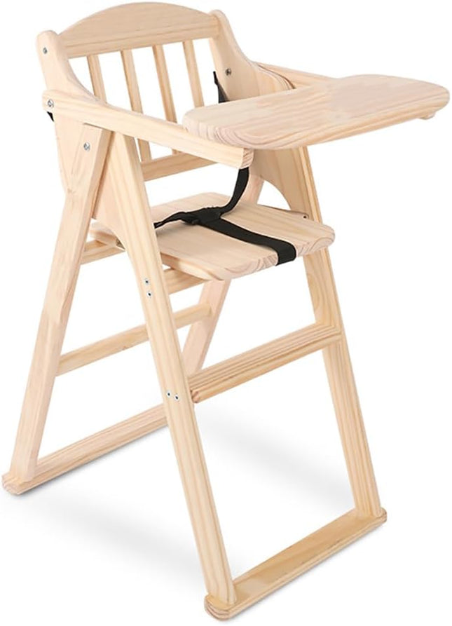 Solid Wood Baby High Chair (Unpolished), Adjustable Foldable with Safety Harness Beige