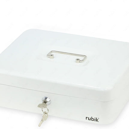 Rubik X-Large Cash Box with Key Money Tray Coin Slot Tray Steel Register 30x24x9cm White