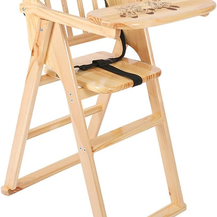 Baby Wooden High Chair with Tray, Foldable and Safety Belt, Beige