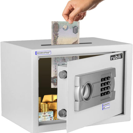 Rubik Medium Digital Safe Box with Keys and Cash Deposit Slot, RB25EG-T (25x35x25cm) White