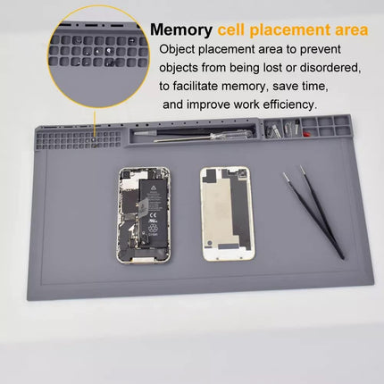 TE-612 Soldering Mat 38×21cm - Heat-Resistant Anti-Static Silicone Repair Work Mat (Grey)