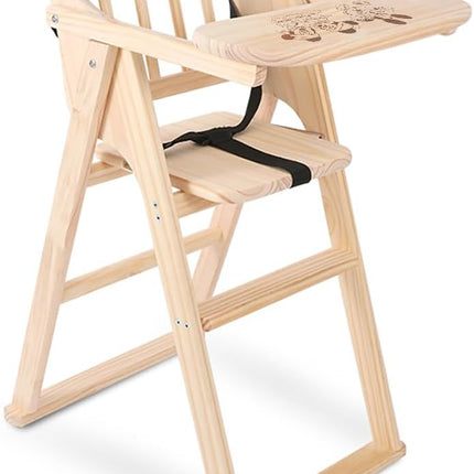 Un-Polished Wooden Baby High Chair with Tray, Foldable With Safety Belt and Cushion
