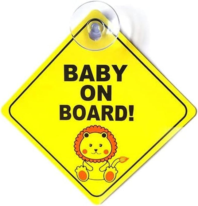Baby on Board Car Sign with Suction Cup – Lion Symbol Safety Warning (12.5 x 12.5 cm)