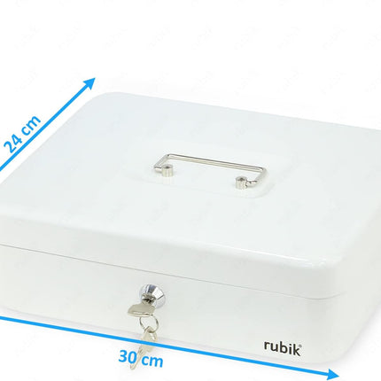 Rubik X-Large Cash Box with Key Money Tray Coin Slot Tray Steel Register 30x24x9cm White