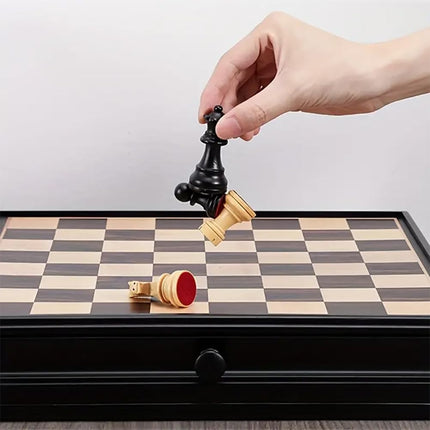 Premium Wooden Chess and Checkers Large 38x38cm, Magnetic Chess Board 2in1 Game Set with Storage Drawer (Black/Brown)