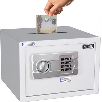 Rubik Medium Digital Safe Box with Keys and Cash Deposit Slot, RB25EG-T (25x35x25cm) White